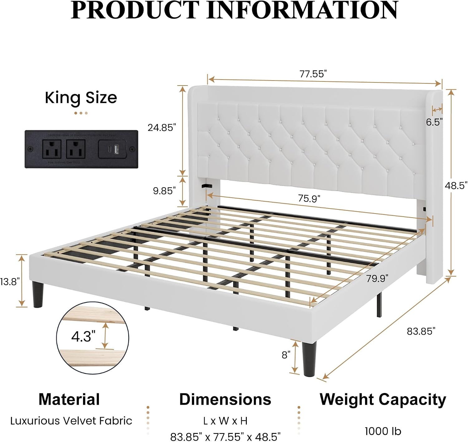 SHA CERLIN King Size Platform Bed Frame with Charging Station, Velvet Wingback Headboard with Storage Shelf, Wooden Slats Support, Ample Under-Bed Space, No Box Spring Needed, Easy Assembly, White