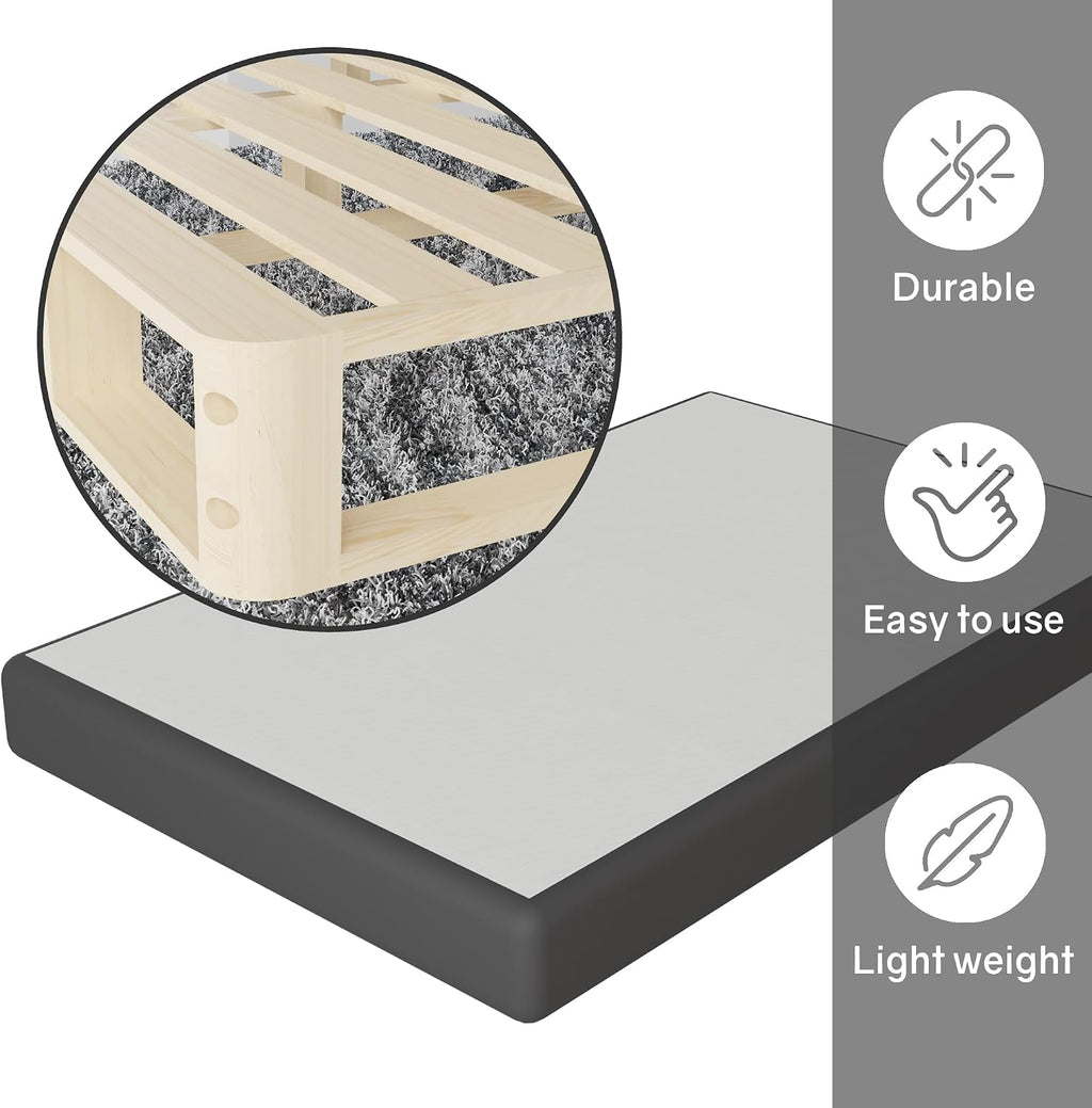 Greaton, 8-Inch Sturdy Box Spring for Mattress Support-Durable and Easy to Assemble Natural Wood Foundation for California King, Black