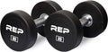 REP Fitness Urethane Coated Round Dumbbells, 5 to 100 lbs, Singles or Pairs, With or Without Rack, Steel Core, Rubber Encased, Chrome Handles, Professional Weights for Home Gym Strength Training