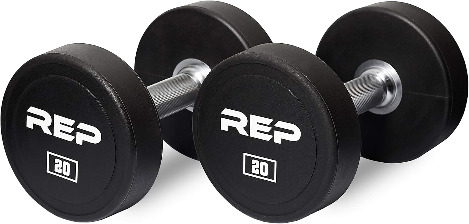 REP Fitness Urethane Coated Round Dumbbells, 5 to 100 lbs, Singles or Pairs, With or Without Rack, Steel Core, Rubber Encased, Chrome Handles, Professional Weights for Home Gym Strength Training