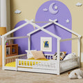 LLS Queen House Floor Bed Frame with Fence, Wooden Montessori Playhouse Bed with Slats Support for Boys Girls, White