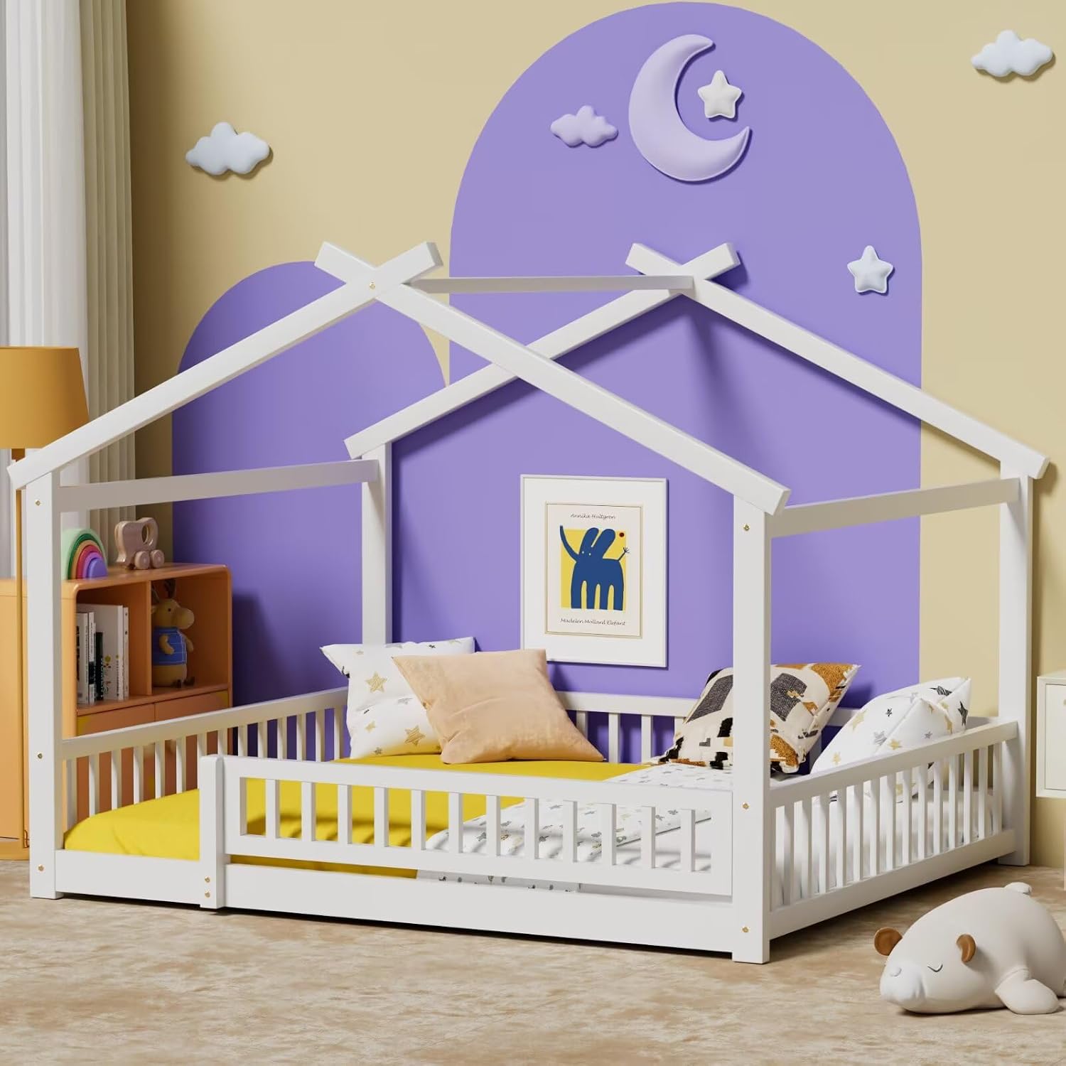 LLS Queen House Floor Bed Frame with Fence, Wooden Montessori Playhouse Bed with Slats Support for Boys Girls, White
