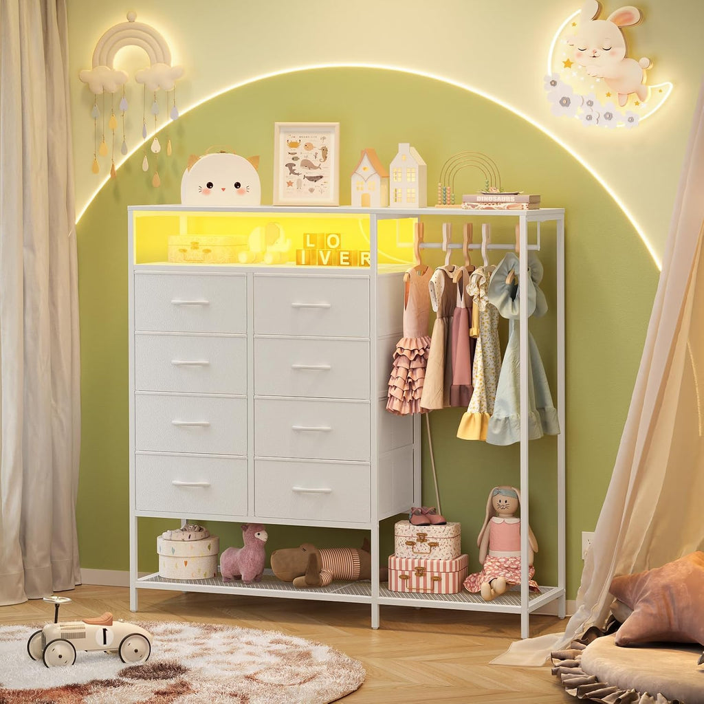 White Dresser for Bedroom with 8 Drawers, Bedroom Dressers with Hanging Rack, Clothes Storage Cabinet with Led Lights & Charging Station, 47 Inch Chest of Drawers with Shelves for Bedroom, Closet