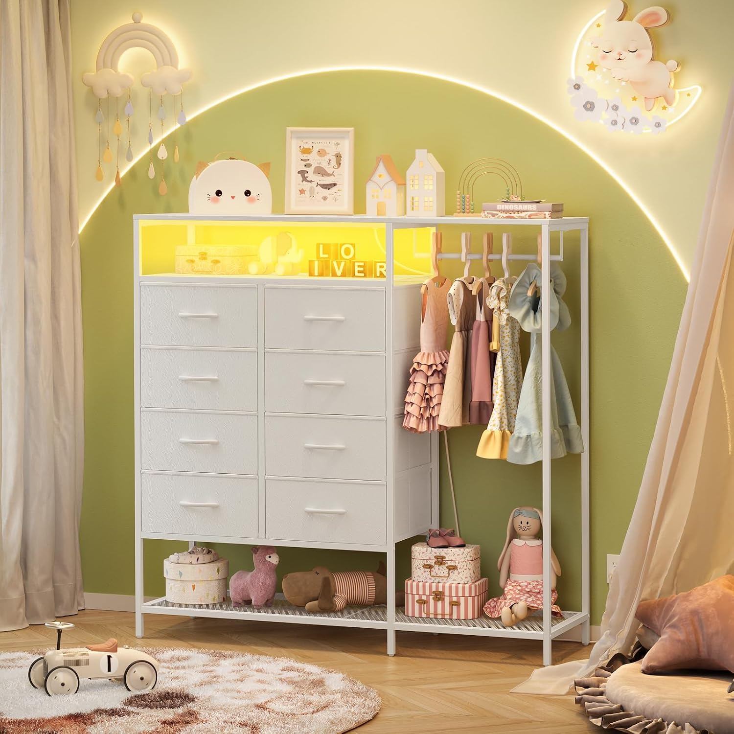 White Dresser for Bedroom with 8 Drawers, Bedroom Dressers with Hanging Rack, Clothes Storage Cabinet with Led Lights & Charging Station, 47 Inch Chest of Drawers with Shelves for Bedroom, Closet