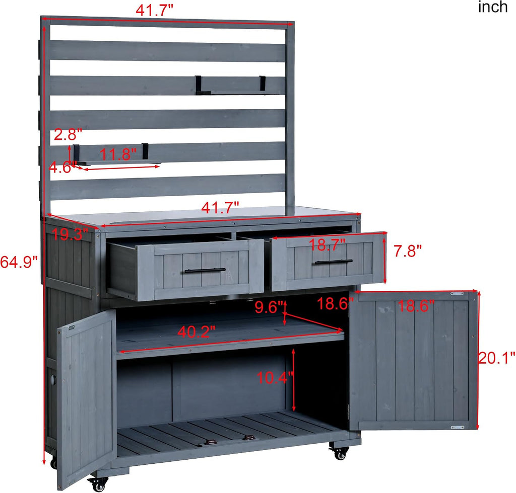 Outdoor Potting Bench with Storage Shelf and Cabinet, 65 in | Fir wood, 3-tier shelves, storage compartments, enclosed cabinet, anti-fall devices, garden, 47.2 W x 22.8 D x 65 H in
