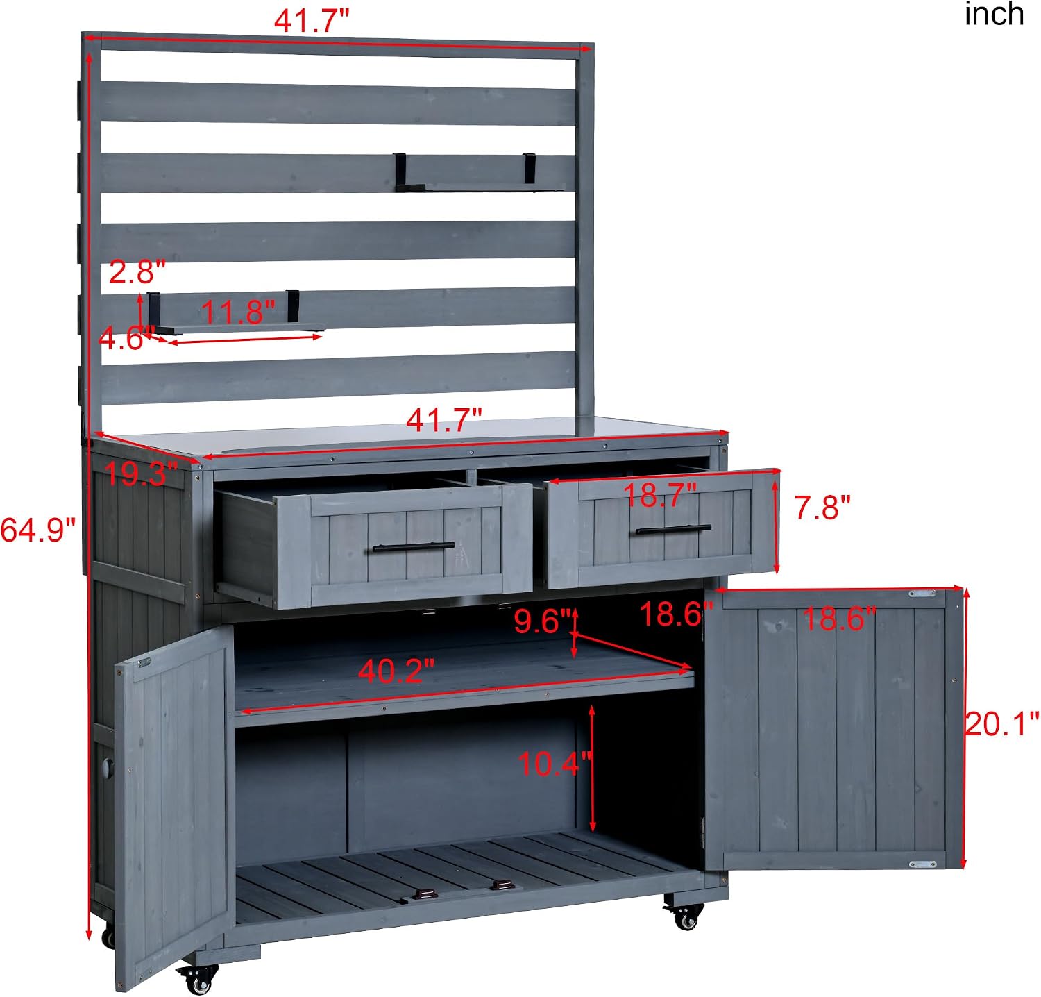 Outdoor Potting Bench with Storage Shelf and Cabinet, 65 in | Fir wood, 3-tier shelves, storage compartments, enclosed cabinet, anti-fall devices, garden, 47.2 W x 22.8 D x 65 H in