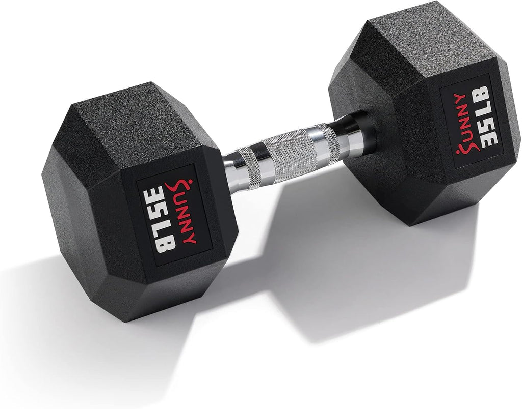 Sunny Health & Fitness Hex Style Dumbbell 5 LBS TO 50 LBS Chrome Handles, Hand Weight for Strength Training, Home Gym, Exercise, Workout Equipment Multiple Size Options