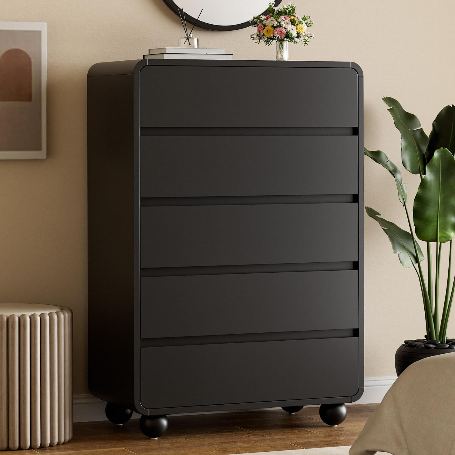 Lulive Wood Dresser for Bedroom, 41' Tall Chest of Drawers with 5 Drawers, Modern Closet Storage Drawer with Curved Profile Design for Living Room, Hallway, Entryway, Black