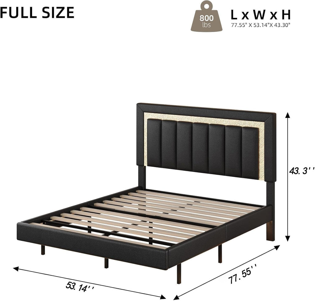 HOMBCK Floating Bed Frame Full with Smart LED Lights, Faux Leather Upholstered Bed Frame Full with Diamond Headboard, No Box Spring Needed, Noise Free, Easy Assembly, Black
