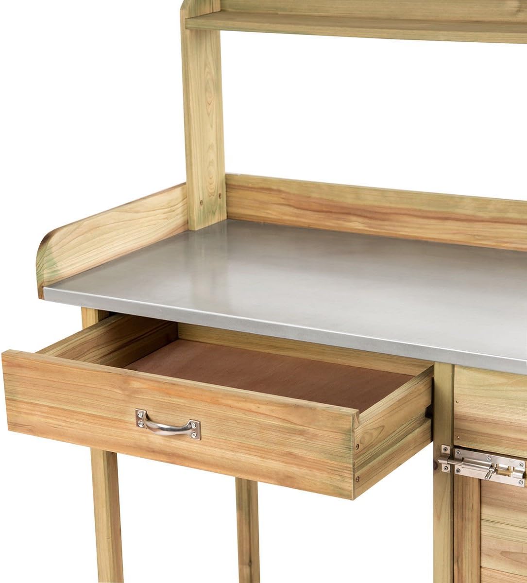 Outdoor Potting Bench Garden Wooden Work Station Metal Tabletop Cabinet Drawer