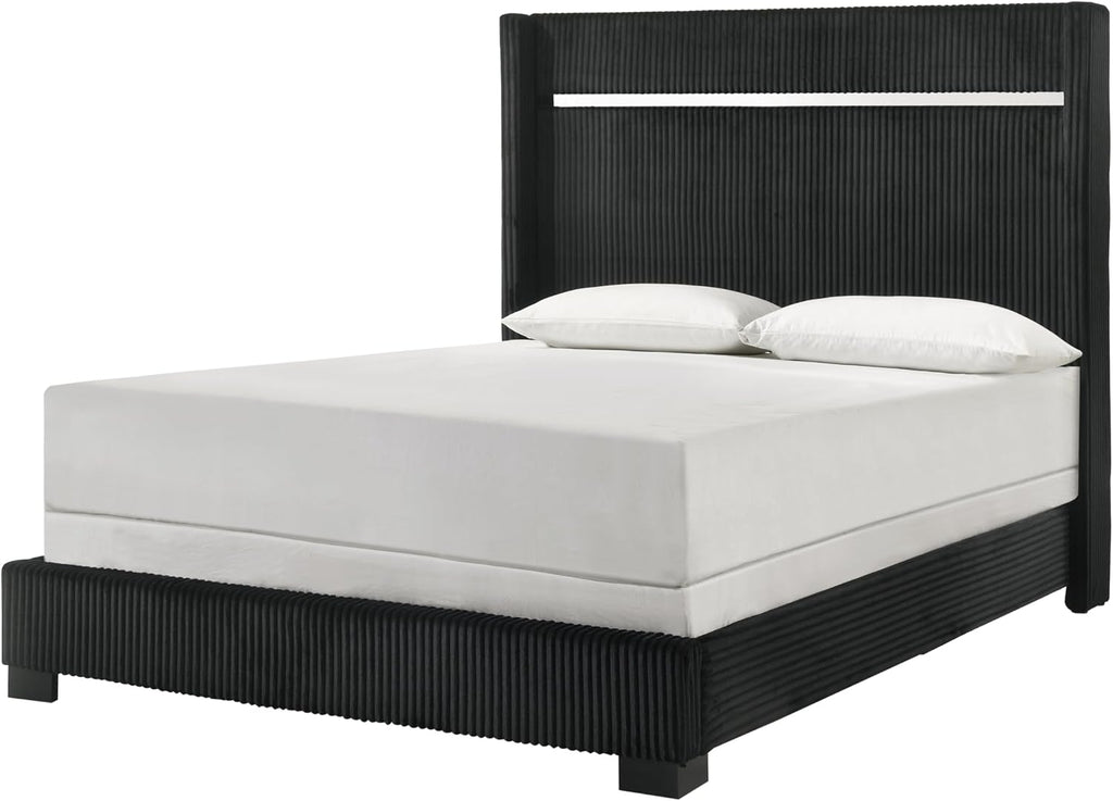Generic Black Finish Upholstered King Size Channel Tufting Panel Bed Nightstand 3pc Wooden Bedroom Set, HS00B9295K3pc