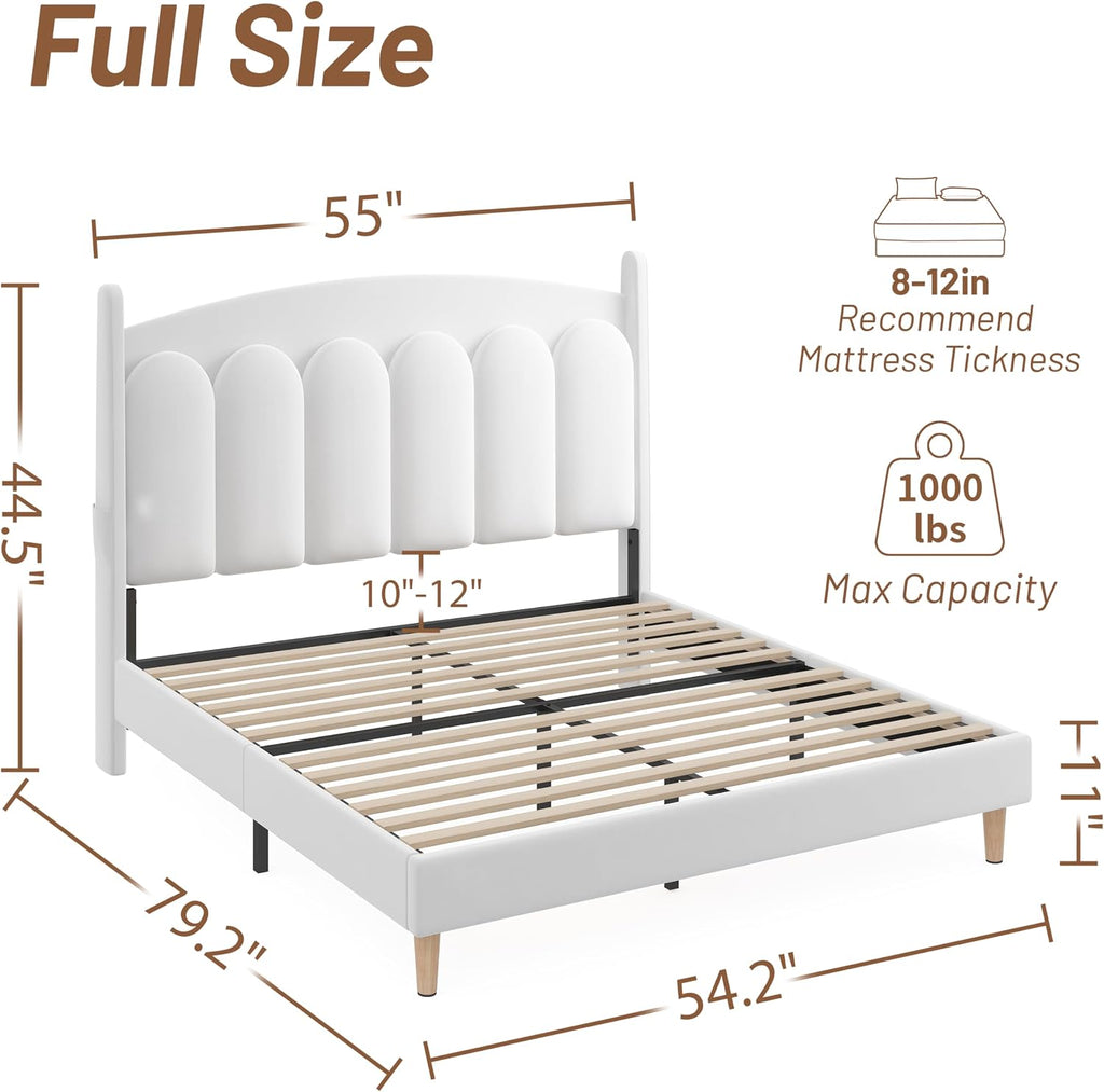 CypBed Full Size Bed Frame with Headboard LED Lights, Velvet Upholstered Full Size Bed, Adjustable Platform Full Bed, Sturdy Wooden Slats Support,No Box Spring Needed/Easy Assembly/White,Gifts