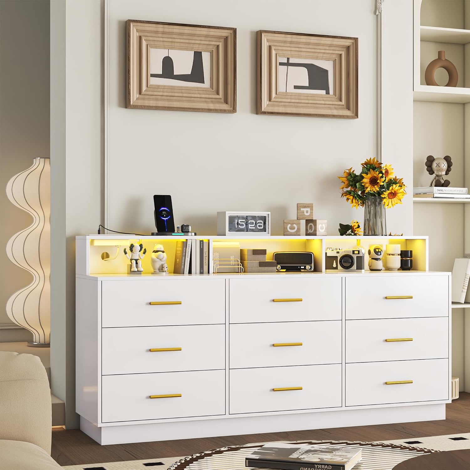 knoworld White 9 Drawer Dressers for Bedroom, Modern Large Dresser with LED Light and Power Outlet, Wooden Long Dresser, Triple Dressers for Bedroom, Entryway, Hallway