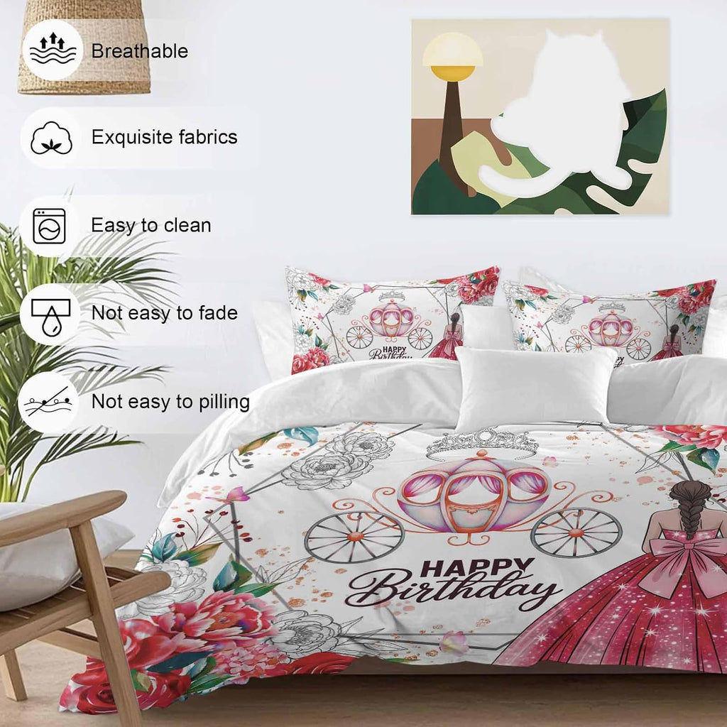 Happy Birthday Duvet Cover Set, Red Dress Crown Carriage Flowers Butterfly Soft Duvet Cover Twin Size Bedding Set 4 Pieces, 1 Quiltcover and 2 Pillowcases with Zipper, 1 Bed Sheet for All Seasons