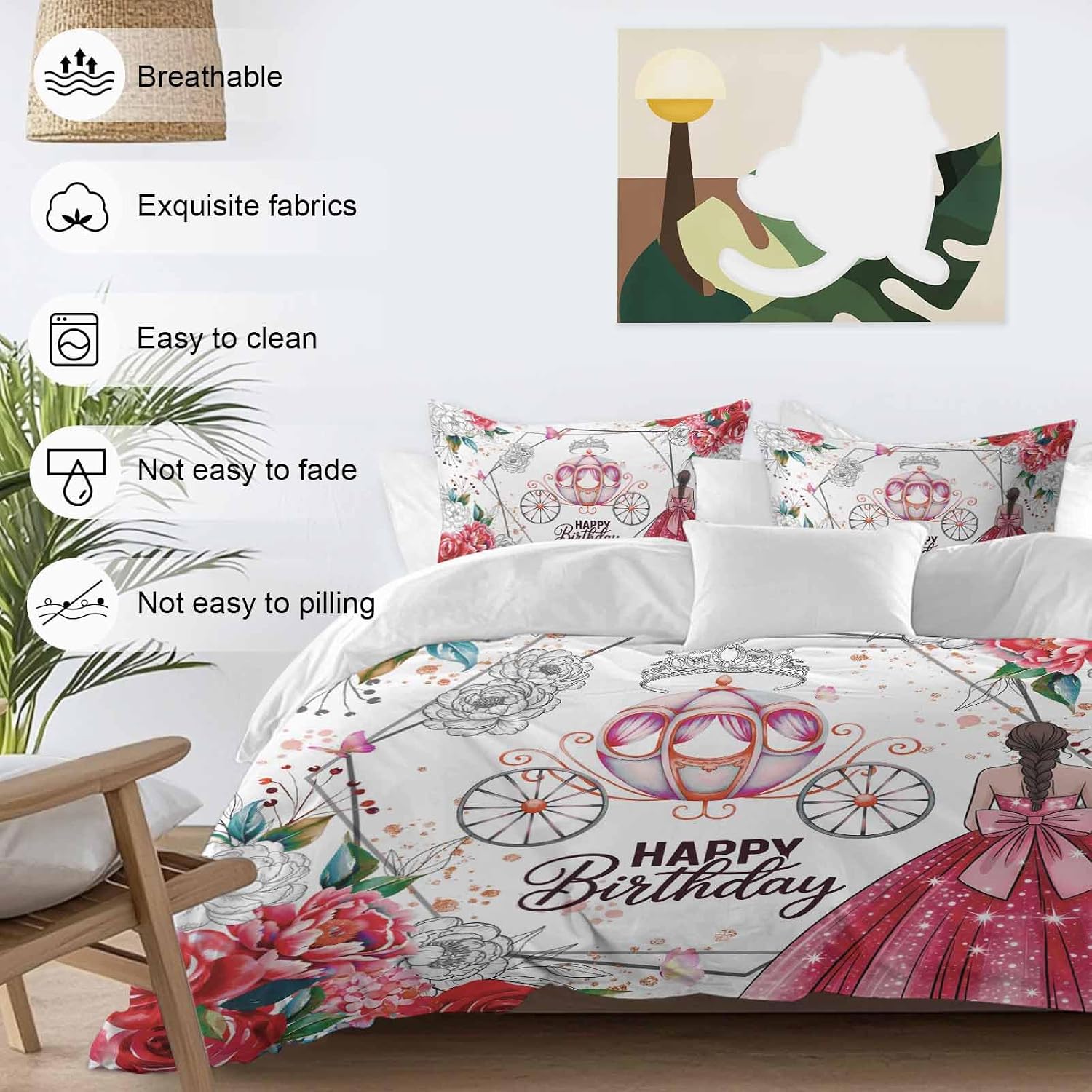Happy Birthday Duvet Cover Set, Red Dress Crown Carriage Flowers Butterfly Soft Duvet Cover Twin Size Bedding Set 4 Pieces, 1 Quiltcover and 2 Pillowcases with Zipper, 1 Bed Sheet for All Seasons