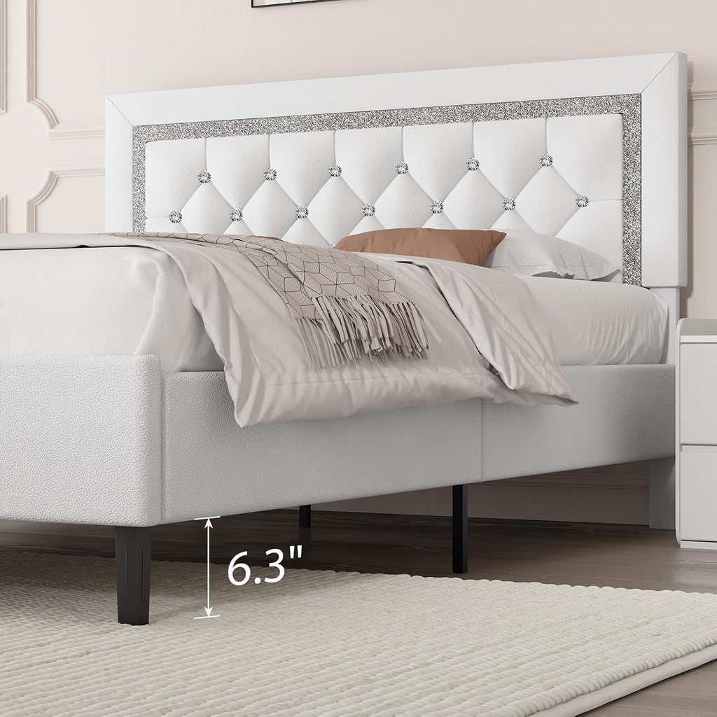 BarnFurin Full Size Bed Frame with Tufted Button Headboard, Upholstered Platform Bed Frame with Diamond Design, Wood Slat Support, No Box Spring Needed, Easy Assembly, White