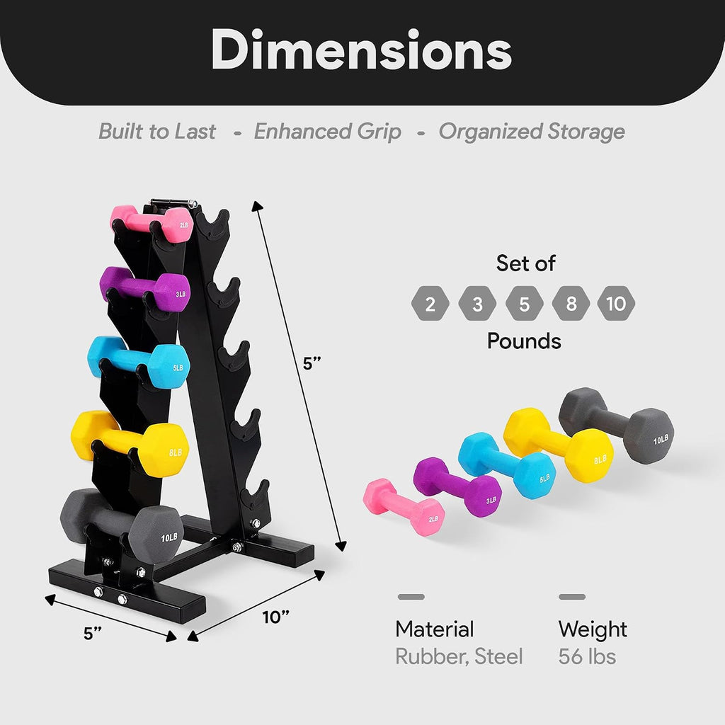 BalanceFrom Neoprene Coated Iron Dumbbell Hex Weights Set with Stand – Color-Coded or Black Options with Non-Slip Grip for Strength Training, Resistance Workouts, and Home Gym Fitness