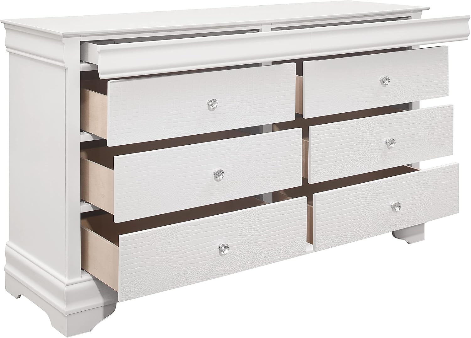 Modern Glam 6pc Set Bedroom Furniture Full Size Tufted LED Light Bed White Finish Alligator Texture Panels
