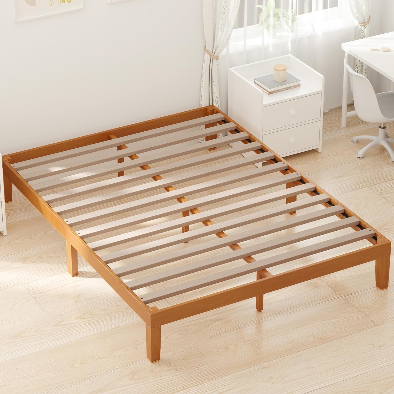 DUMOS Solid Wood Bed Frame, Full Size Bed Base with Wooden Slat Support, Sturdy, Stylish & Noise-Free Design, No Box Spring Needed, Easy Assembly, 12 in Natural Pine