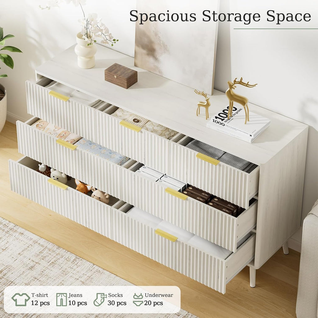 LYNSOM 55' Wide Fluted Dresser for Bedroom with 7 Drawer, Modern Chest of Drawers with Curved Profile Design and Metal Handles, Wood Dresser TV Stand & Storage Organizer for Living Room, White