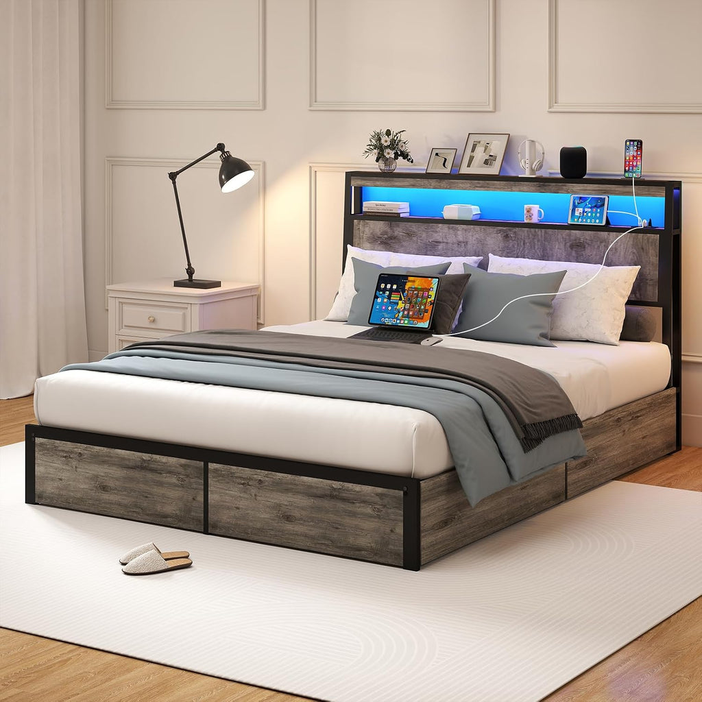 SADENICEL Queen Bed Frame with Storage Headboard, Metal Platform Queen Size Bed Frame Wood with 4 Drawers, LED Light, Charging Station, No Box Spring Needed, Noise Free, Easy Assembly, Grey
