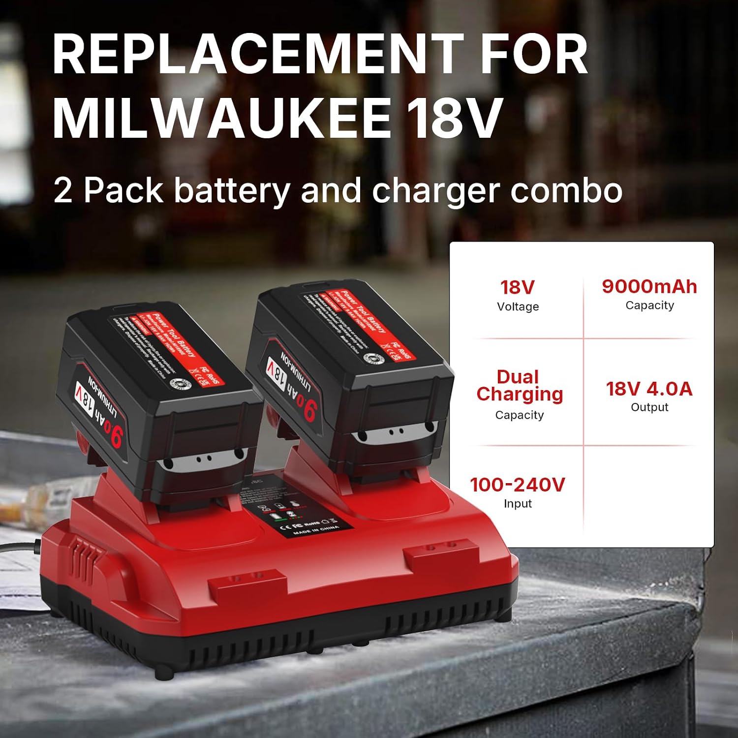 2 Pack 18V 9.0 Ah Battery and 2-Port Charger Replacement for Milwaukee M-18 Batteries