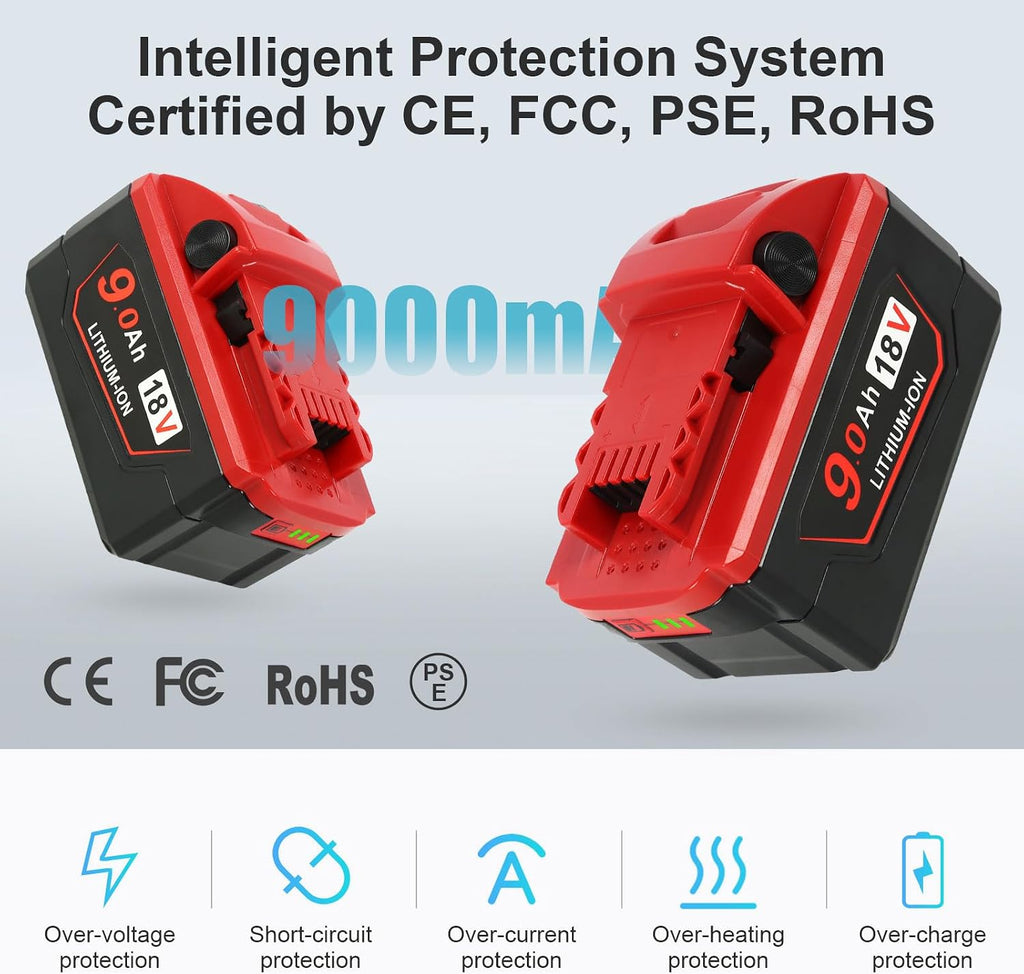 YongerTool 2 Pack 18V 9.0 Ah Replacement for Milwaukee M-18 Battery and 1 Charger
