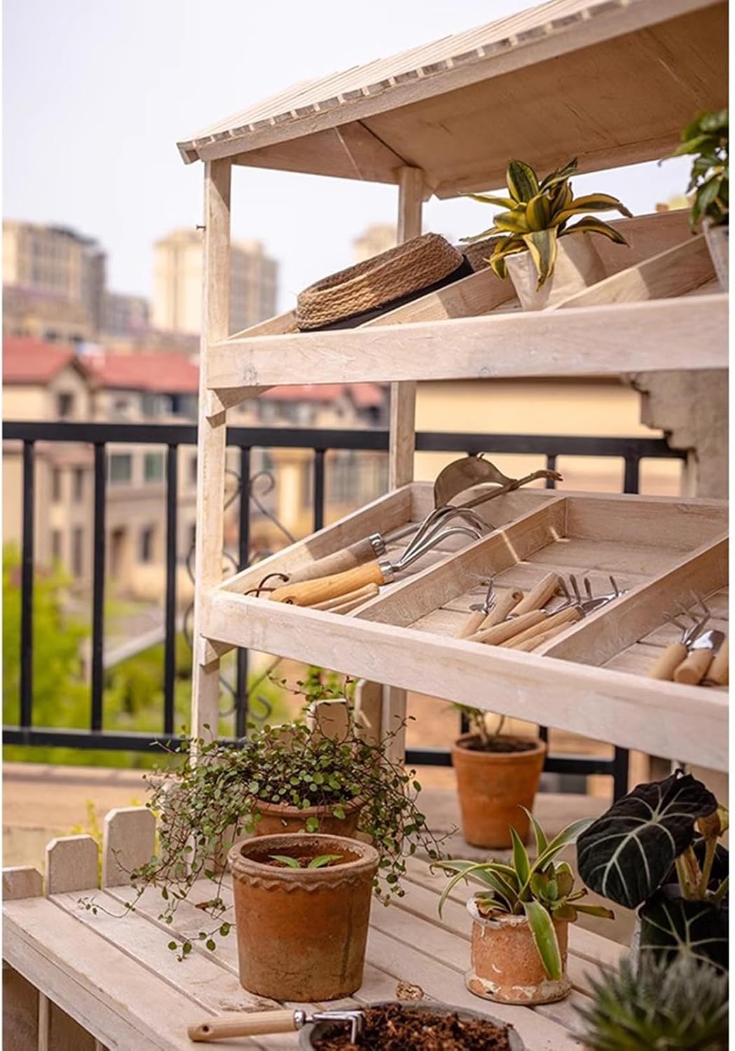 Mobile Potting Bench Table with Eaves, Garden Work Bench, Outdoor Wooden Workstation Hut with Multiple Compartments and 4 Locking Wheels, for Patio Courtyards Planter, Natural