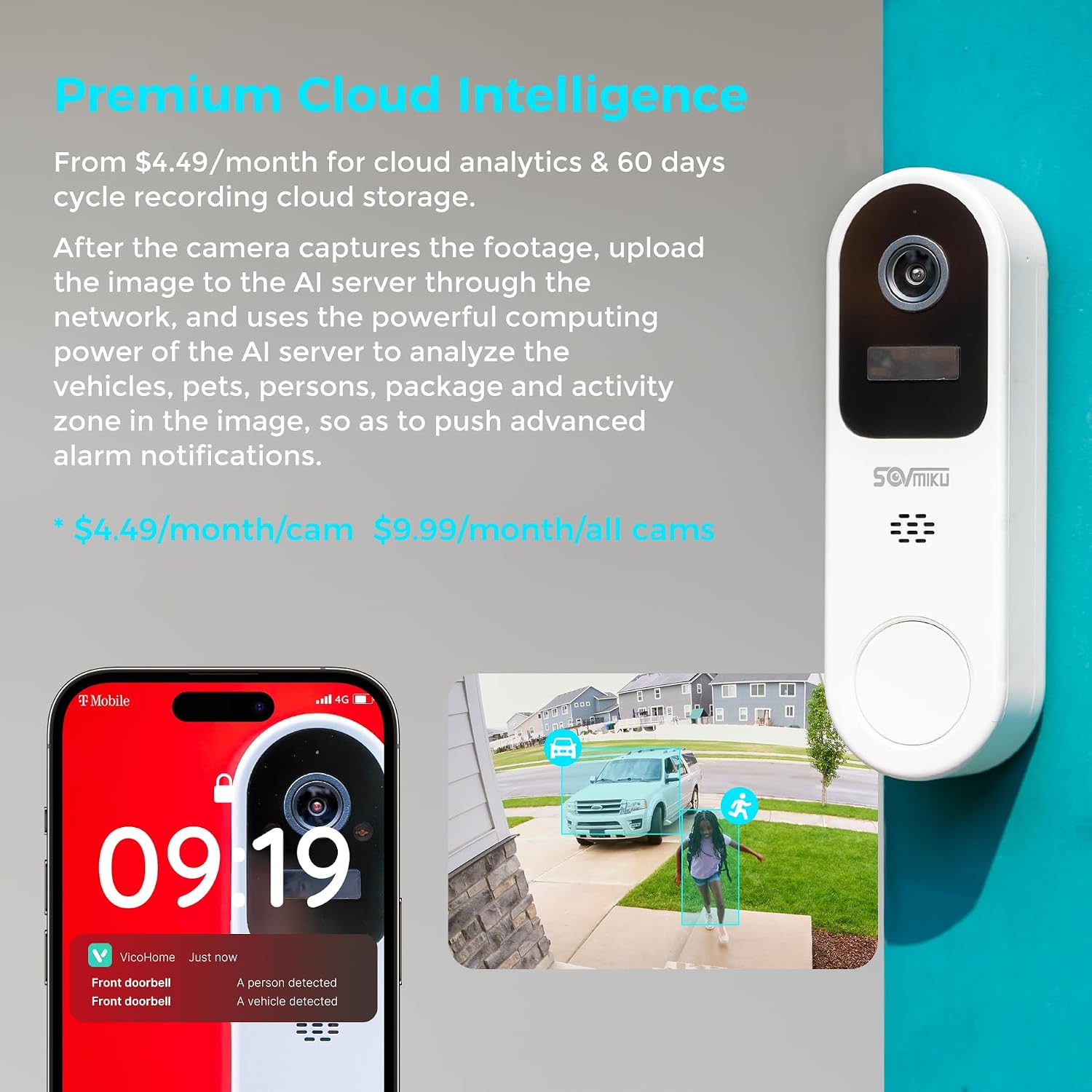 SOVMIKU Vicohome AI 2K Solar Security Camera Wireless Outdoor & Doorbell, Two Way Audio,Motion Detection, 360° View,Easy to Setup,Color Night Vision,Audible Flashlight Siren