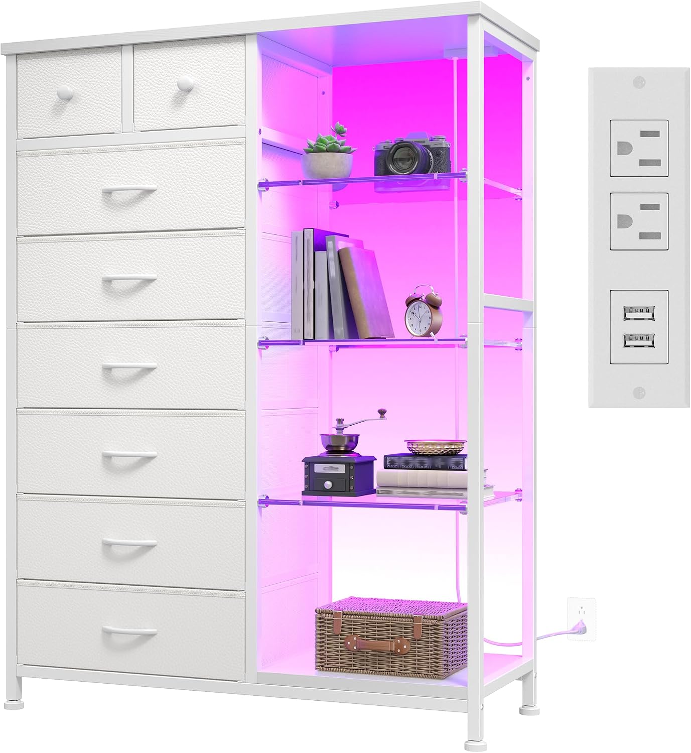 EnHomee 54' H Dresser for Bedroom with LED Lights & Power Outlets Dresser with 8 Drawers Fabric Dressers & Chests of Drawers, Shelves for Bedroom, Sturdy Metal Frame, Acrylic Plates (White)