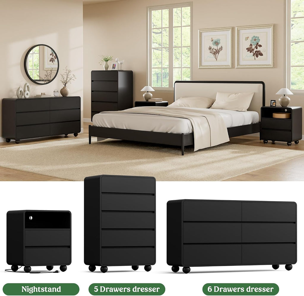 Lulive Wood Dresser for Bedroom, 53' Wide Chest of Drawers with 6 Drawers, Modern Closet Storage Drawer with Curved Profile Design for Living Room, Hallway, Entryway, Black