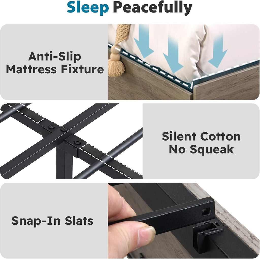 Kiivakii Full Size Bed Frame with Headboard, LED Platform Bed with 4 Storage Drawers, Built in Charging Station, Noise-Free, Metal Support Base, No Box Spring Needed, Gray