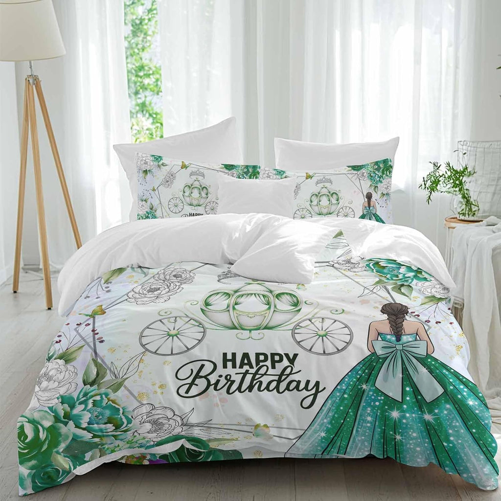 Happy Birthday Duvet Cover Set, Green Dress Crown Carriage Flowers Butterfly Soft Duvet Cover Full Size Bedding Set 4 Pieces, 1 Quiltcover and 2 Pillowcases with Zipper, 1 Bed Sheet for All Seasons