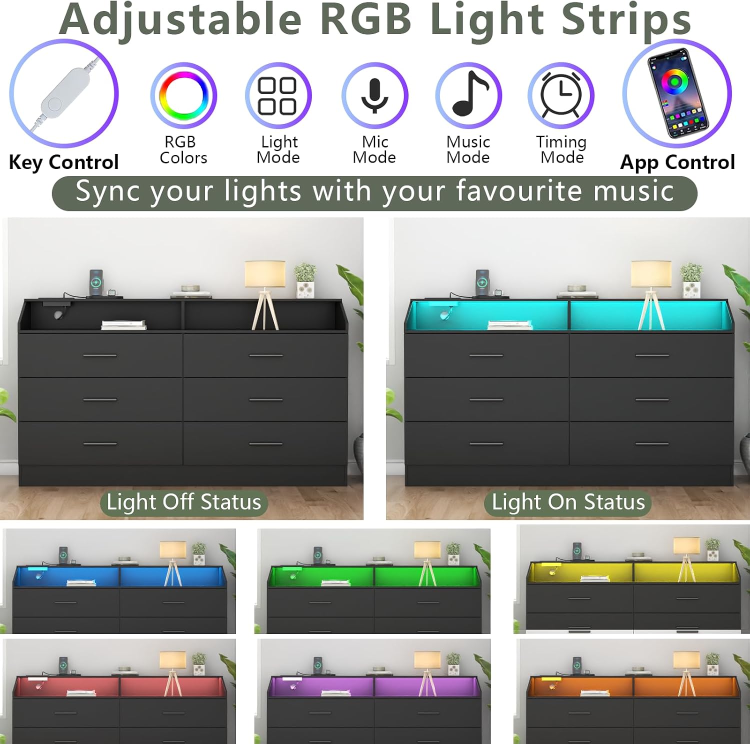 Gyfimoie 6 Drawer Dresser for Bedroom with Charging Station, Dresser with LED Light, Chest of Drawers for Closet, Modern Dressers with Open Storage Cubby, Double Wide Dressers (Black-, 6 Drawers)