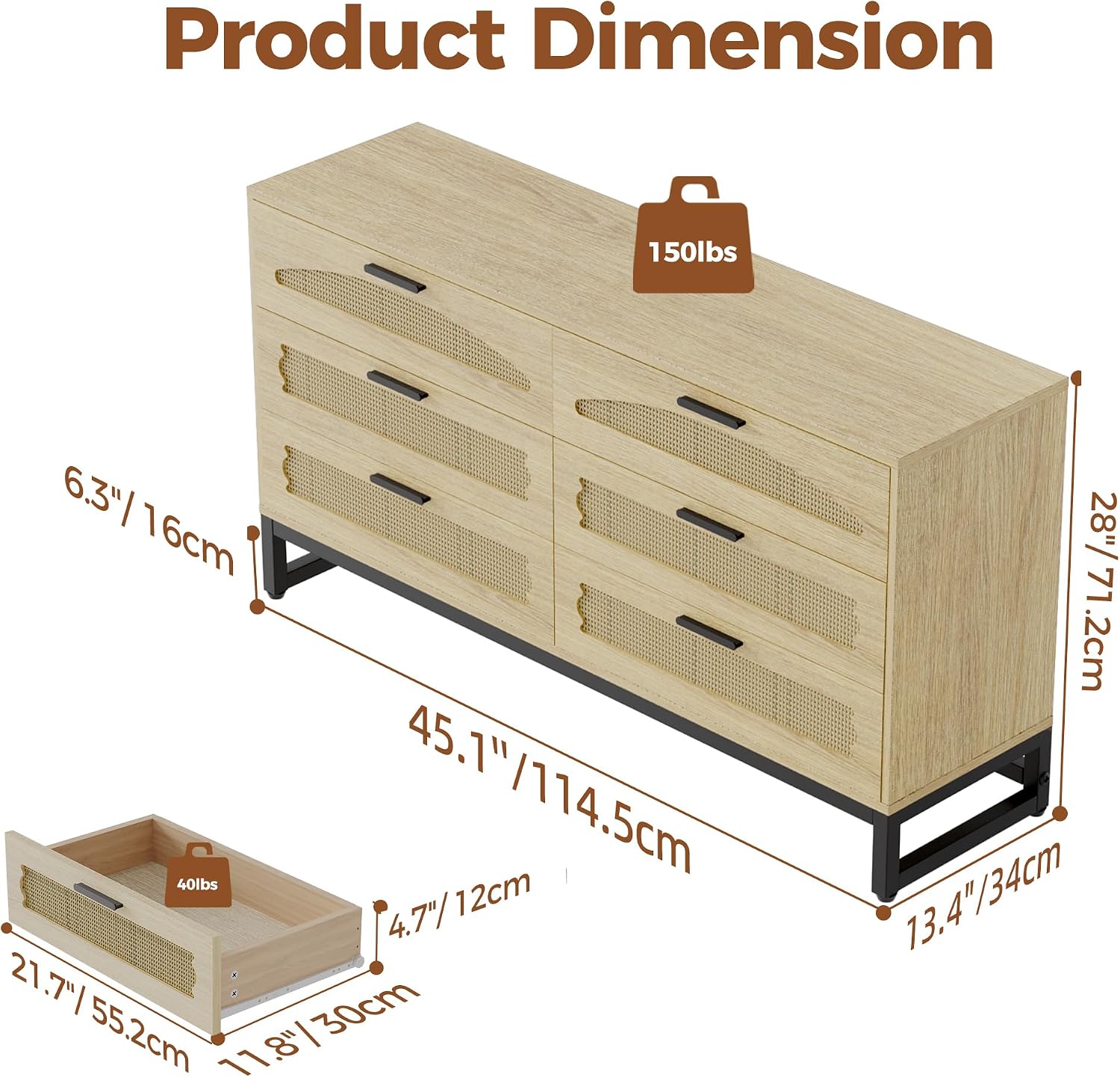 Mericonia 6 Drawer Double Dresser for Bedroom, Rattan Chest of Drawers, Modern Wooden Dresser Chest with Metal Frame for Bedroom, Living Room, Hallway and Entryway, Oak