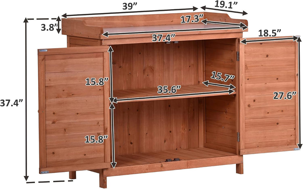 LUMISOL Potting Bench Table Garden Outdoor Bench with Galvanized Tabletop Wood Workstation Table Storage Cabinet with Side Hook (Orange)