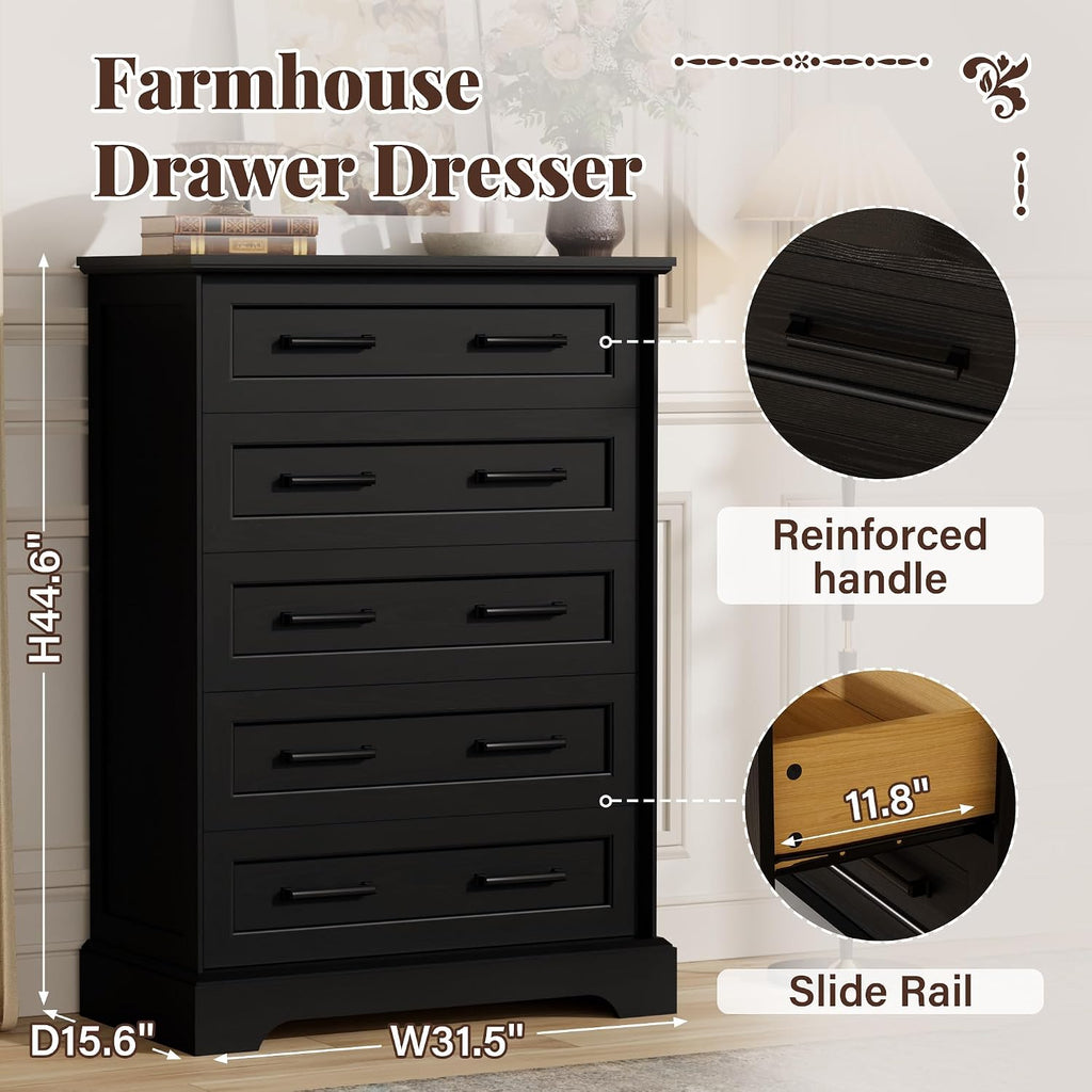 Furmax Farmhouse Dresser for Bedroom, 5 Drawers Dresser, Wood Chest of Drawers, 31.5' Wide Storage Dressers Organizer for Bedroom, Living Room (Black)