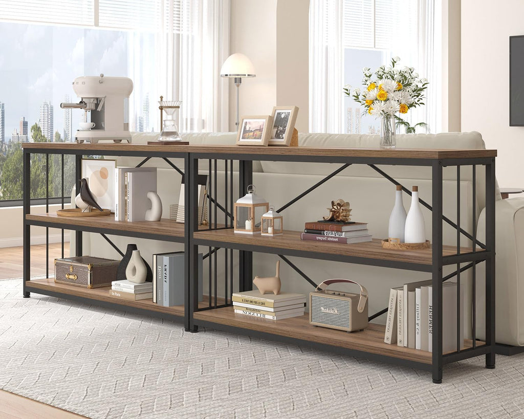 IBF 3 Tier Bookshelf Storage Organizer, Industrial Short Wide Open Horizontal Bookcase, Farmhouse Low Wood Metal Book Shelf for Office, Modern Vintage Etagere in Bedroom Living Room, Rustic Oak, 47 In