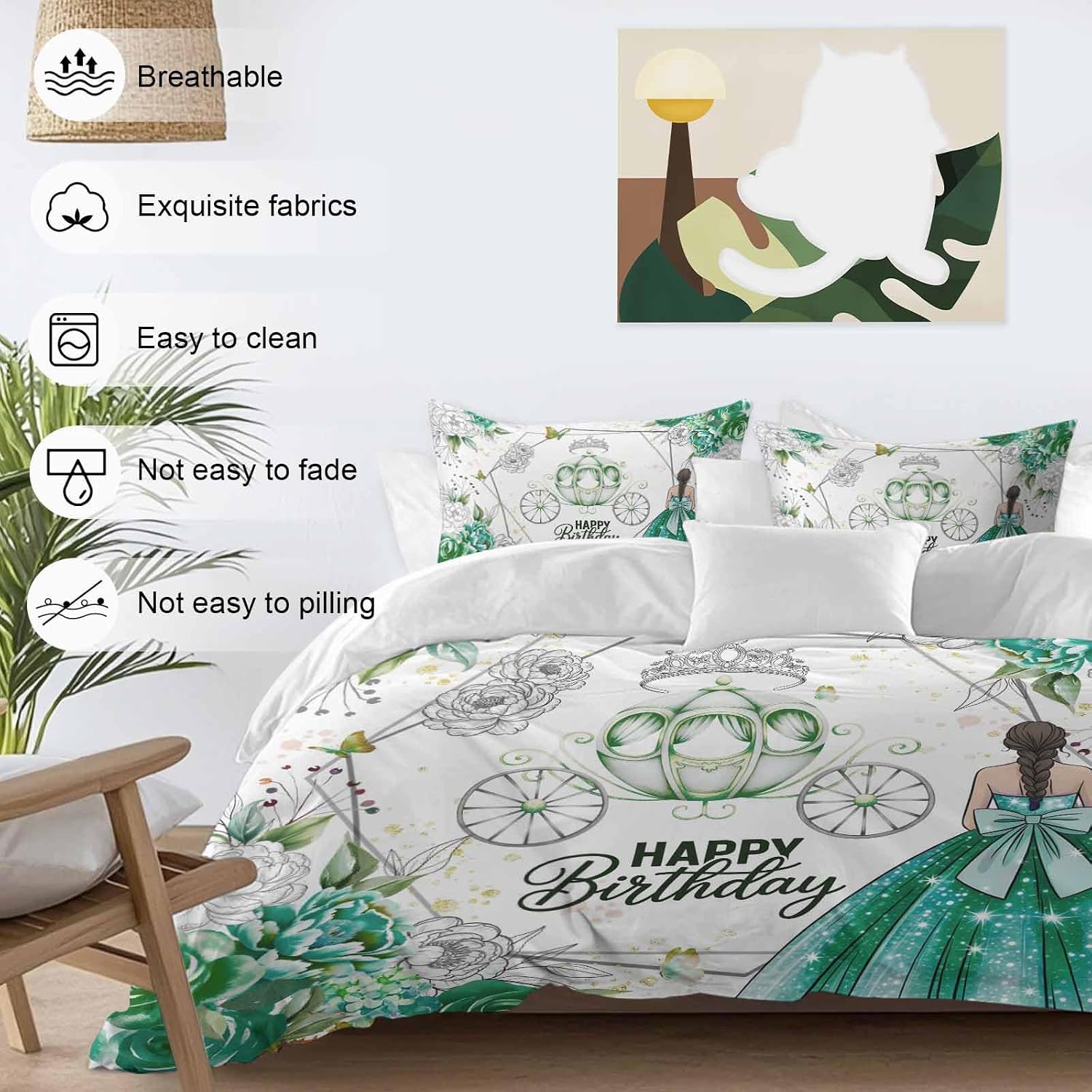 Happy Birthday Duvet Cover Full Size - 4 Pieces Bedding Set, Green Luxury Dress Crown Carriage Flowers Bedding Comforter Covers Zipper Closure, 1 Duvet Covers 1 Fitted Sheet 2 Pillow Shams