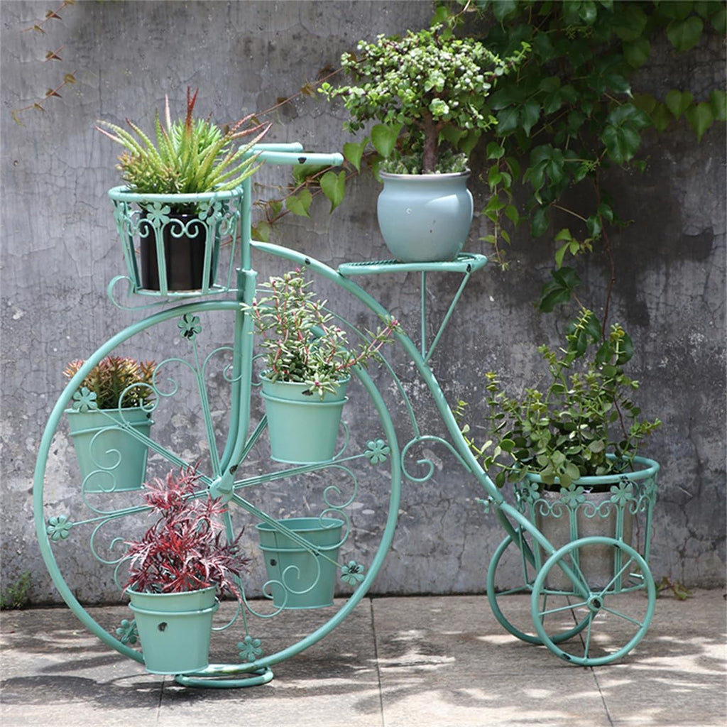 Moveable Plant Shelf for Indoor Outdoor,Heavy Duty Metal Multiple Plant Rack Holder,Creative European Style Bicycle Iron Flower Stand,Outdoor Garden Potting Bench Table,for Patio, Balcony,Blue