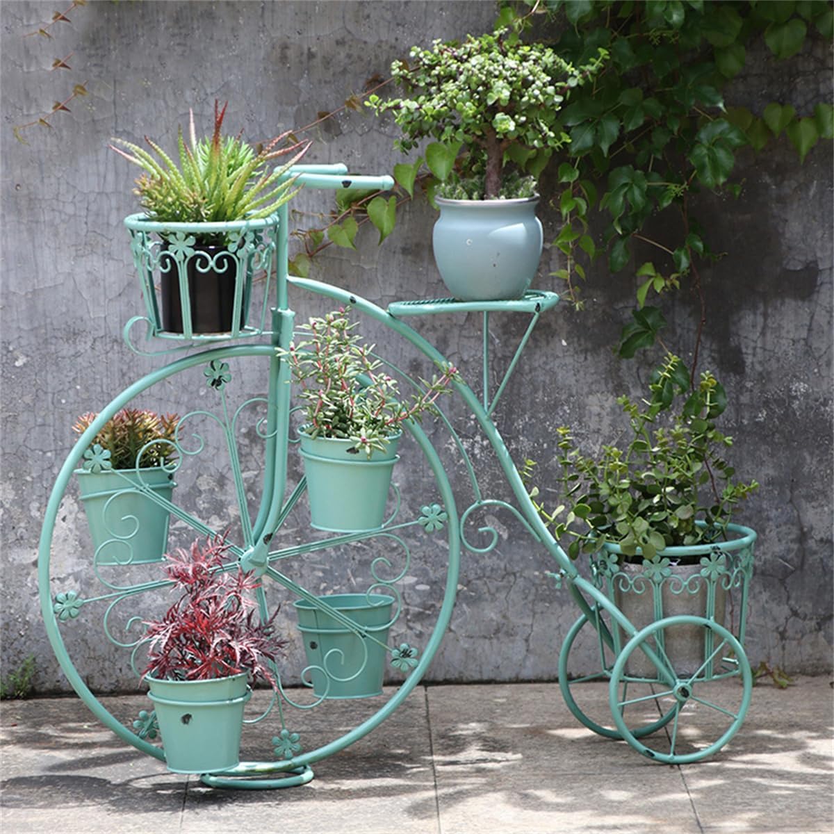Moveable Plant Shelf for Indoor Outdoor,Heavy Duty Metal Multiple Plant Rack Holder,Creative European Style Bicycle Iron Flower Stand,Outdoor Garden Potting Bench Table,for Patio, Balcony,Blue