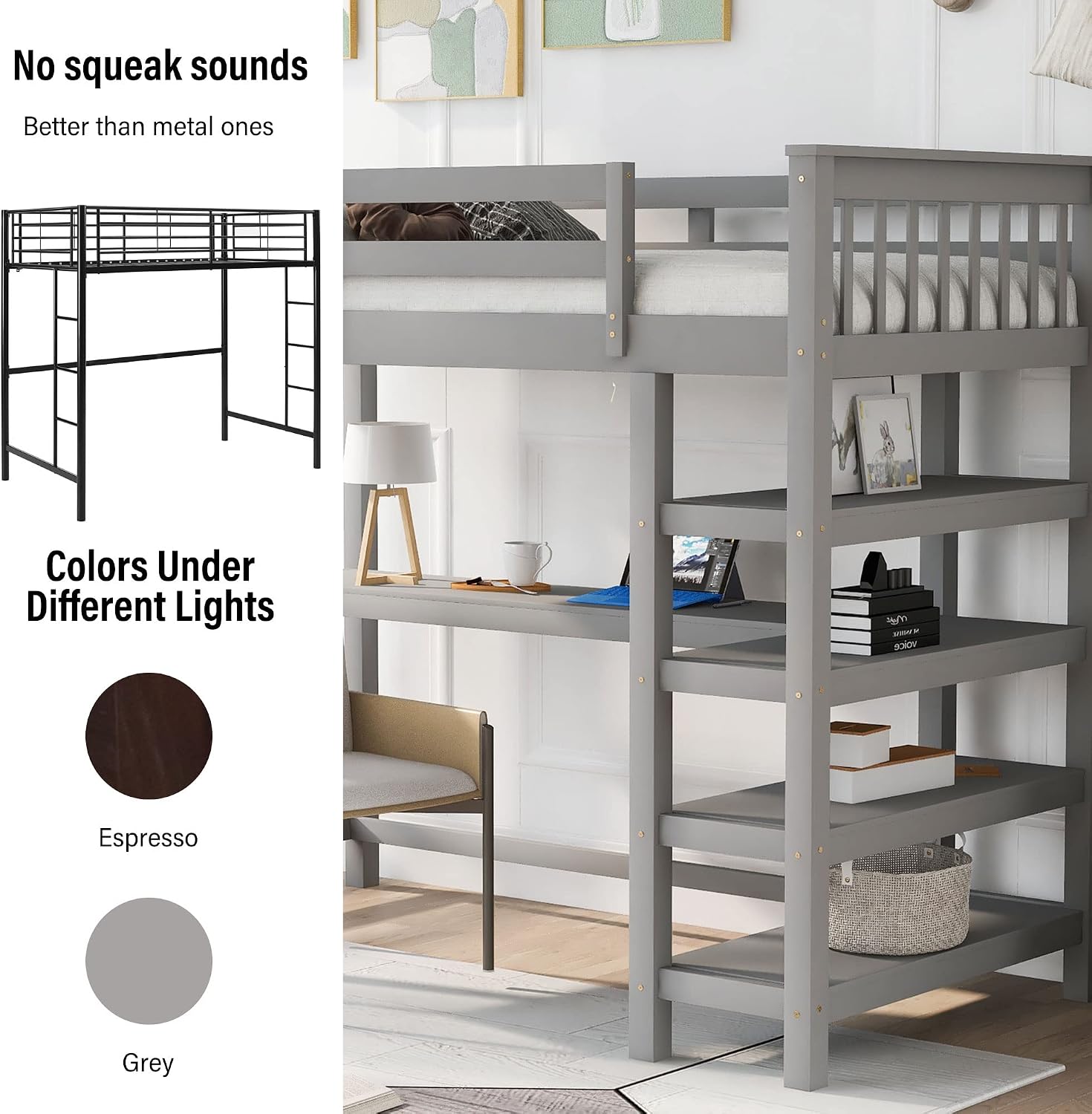Merax Wood Loft Bed with Desk : Full Size Loft Bed with 4-Storage Shelves and Under Bed Desk Solid Wood Bed, Grey