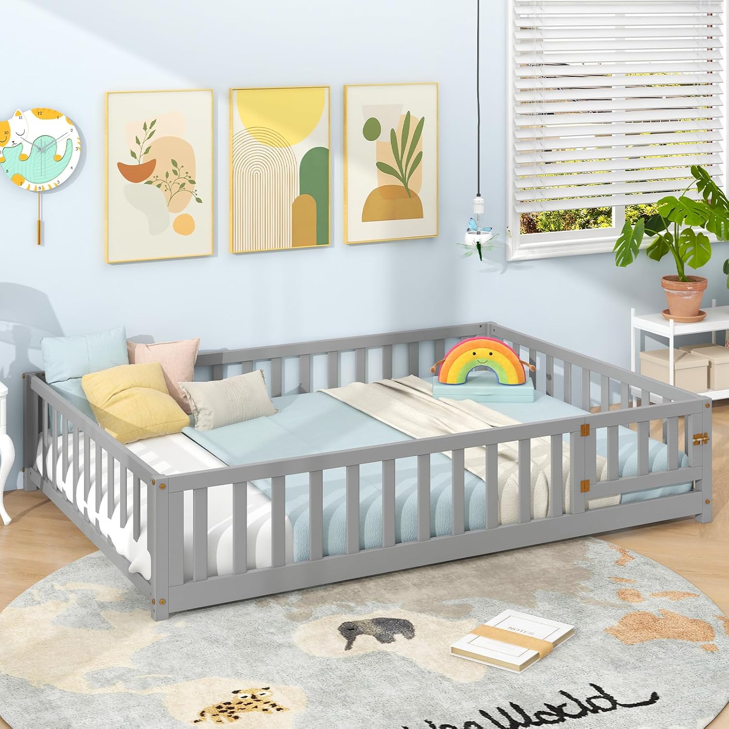 Giantex Full Size Floor Bed for Kids, Low Montessori Bed with Wood Slats & Safety Guardrails, Solid Wood Full Floor Beds with Fence and Door for Kids Boys Girls, Grey