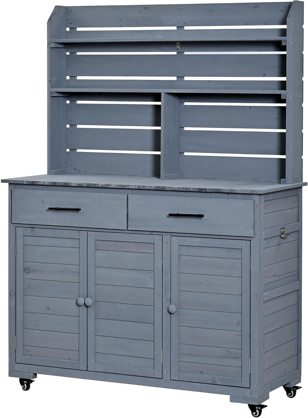 65''H Large Garden Potting Bench with Lockable Wheels and Storage,Wood Outdoor Kitchen Island Prep Cart with Hutch Top,Drawers and Removal Shelves for Grilling (Gray-LG)