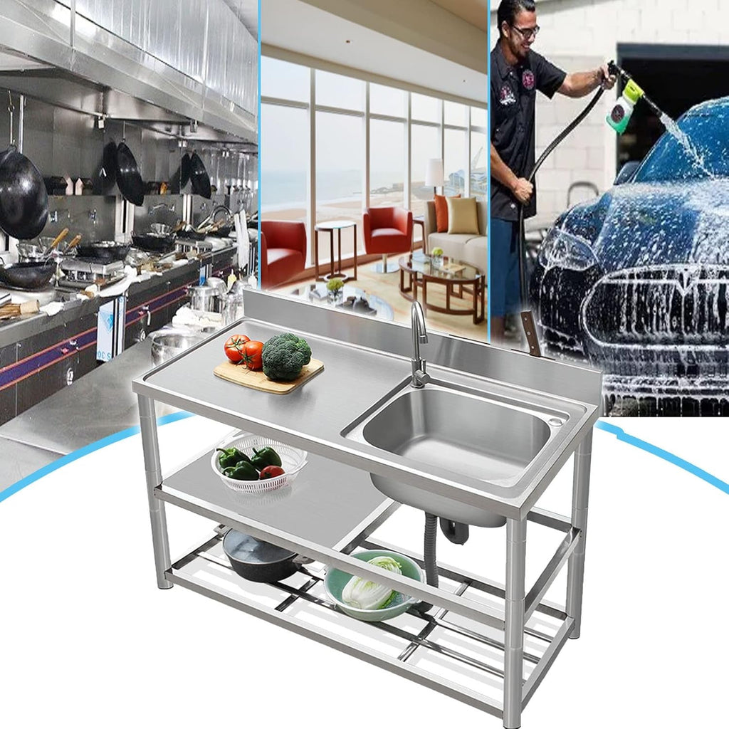 Stainless Steel Utility Sink with Workbench, Commercial Restaurant Sink Kitchen Sinks Set Prep & w/Faucet & Drainboard, Laundry Room Single Bowl Outdoor Kitchen Sinks(Hot Cold Faucet Right,47.2in)
