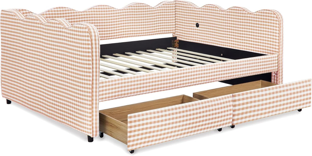 DEINPPA Full Size Upholstered Daybed with 2 Storage Drawers, Gingham Daybed with USB Ports for Bedroom Living Room Guest Room-Pink