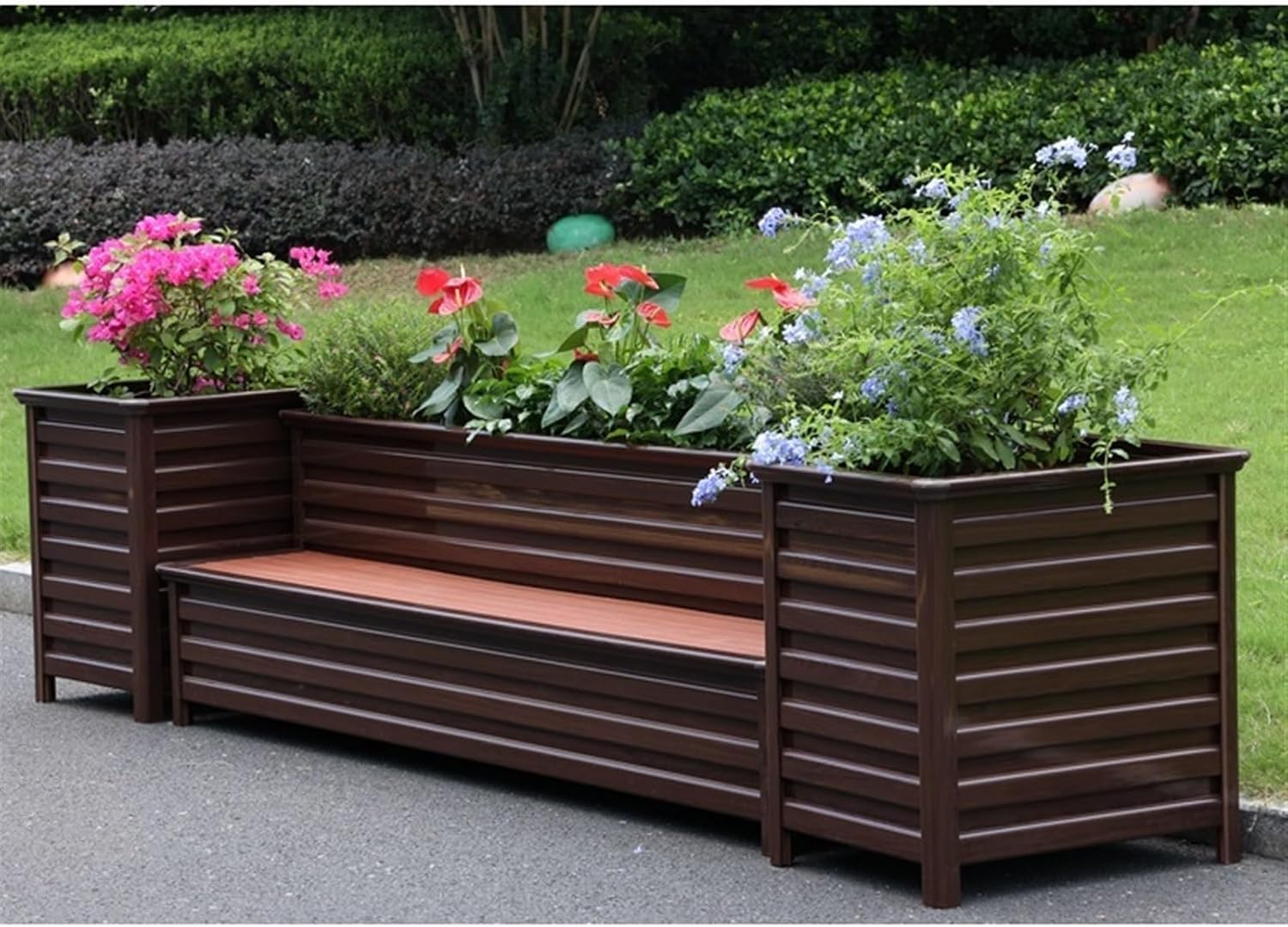 Bench with Planter Box, Outdoor Planter Benches Outdoor Bench Wooden Raised Garden Bed with Planter Box, Large Wood Planter Bench Deck Plant Box for Porch, Patio, Garden, Brown Garden Bench