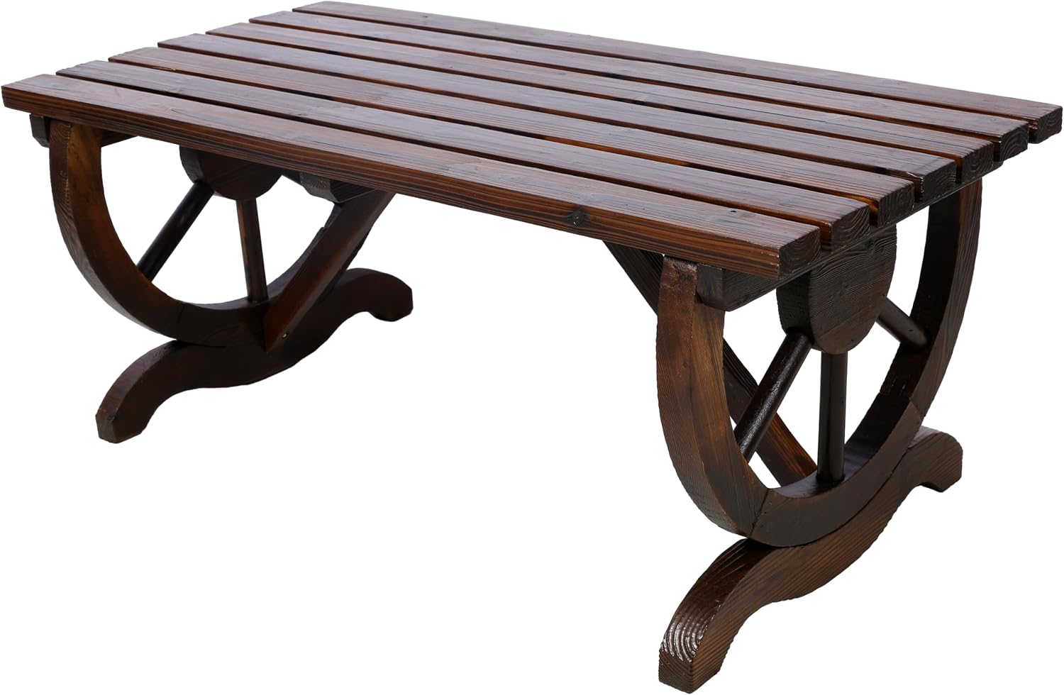 2 People Modern Outdoor Rustic Wooden Bench with Wagon Wheel Legs, Brown Garden Chair Front Porch Furniture, for Park, Yard, Lawn