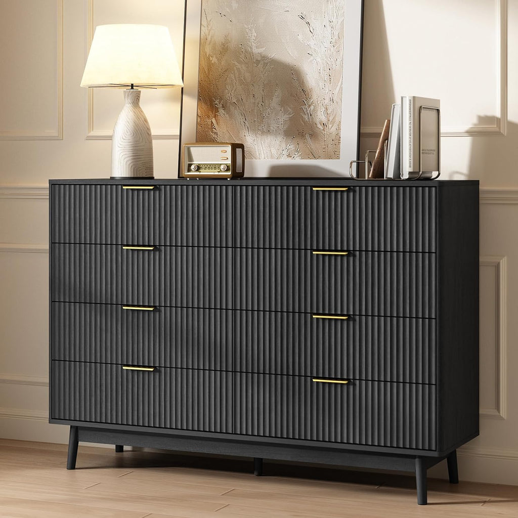 CARPETNAL Fluted 8 Drawer Dresser for Bedroom, 55' Wide Wooden Chest of Drawers with Rounded Corners, Gold Handles, Modern Storage Organizer for Bedroom, Hallway(Black)