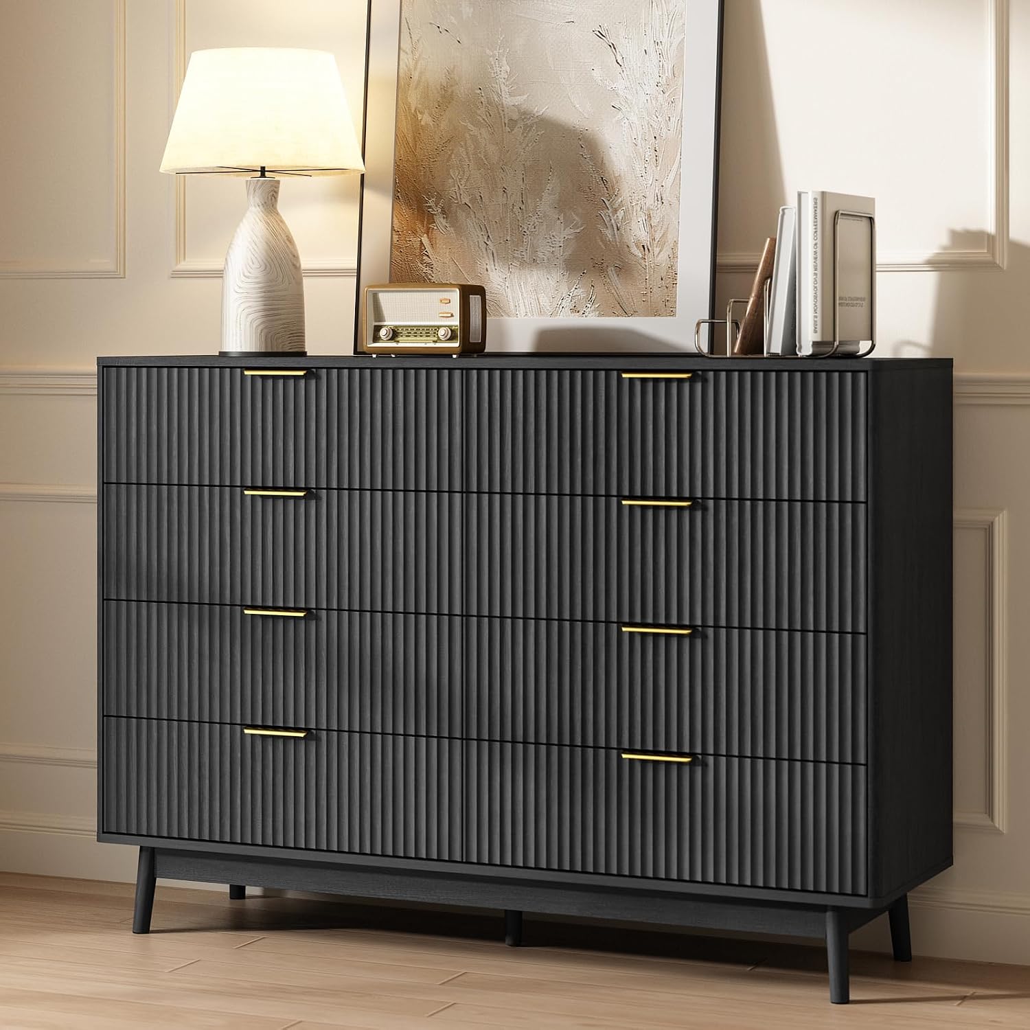 CARPETNAL Fluted 8 Drawer Dresser for Bedroom, 55' Wide Wooden Chest of Drawers with Rounded Corners, Gold Handles, Modern Storage Organizer for Bedroom, Hallway(Black)